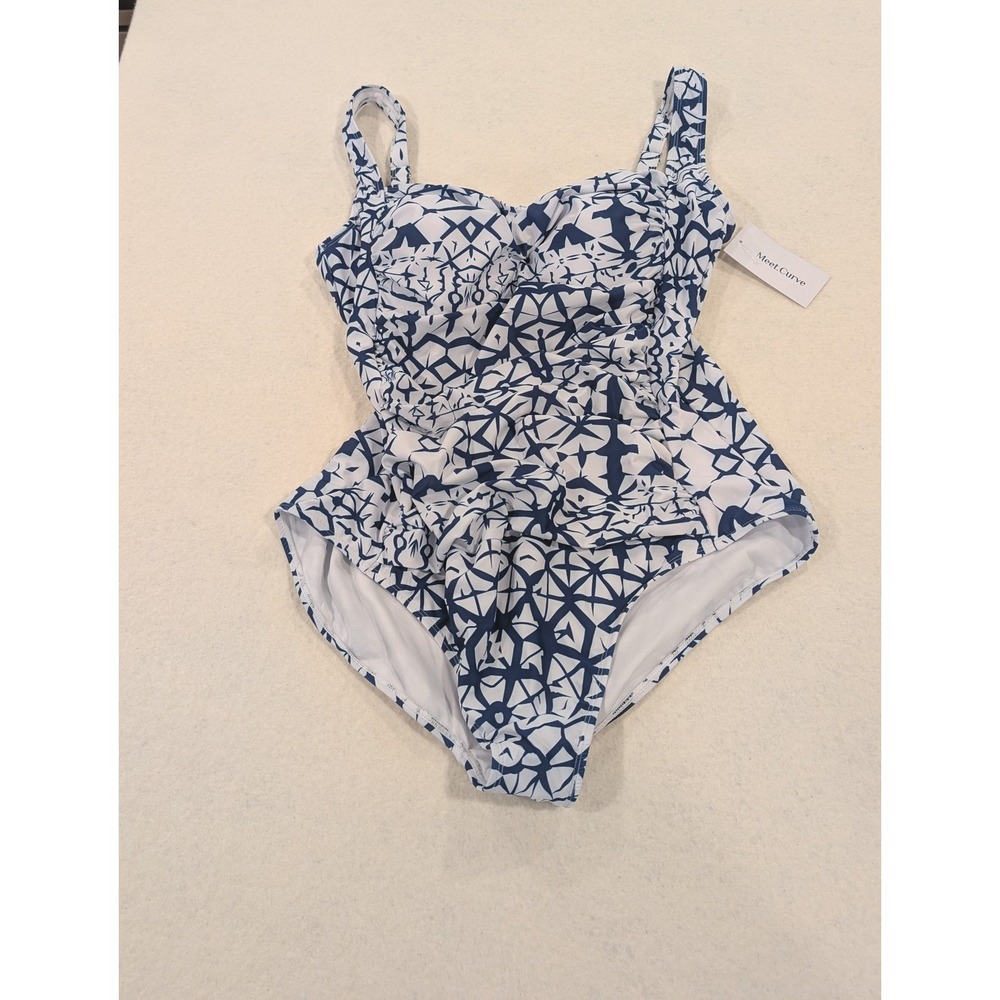 Meet.Curve Women's One-Piece Swimsuit Blue White Geometric Print Size 4XL